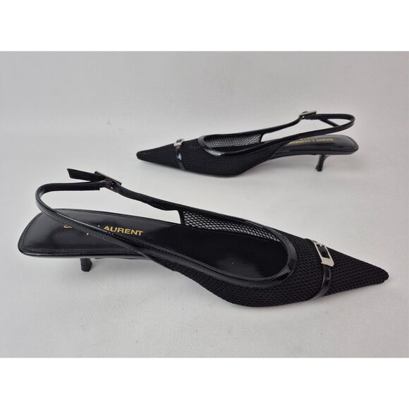 Saint Laurent Black Oxalis Quarida Slingback Mesh Buckle Kitten Heel Pump Size36 - Picture 4 of 6